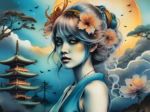 a painting of a woman in a blue dress,oriental painting,japanese art,oriental princess,fantasy art,blue moon rose,oriental girl,Illustration,Realistic Fantasy,Realistic Fantasy 25