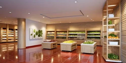 Design a food and beverage sales space with the concept of a supermarket, biophilic style, the right shelf located at the end is converted into a glass column, fruits and vegetables are placed in the 