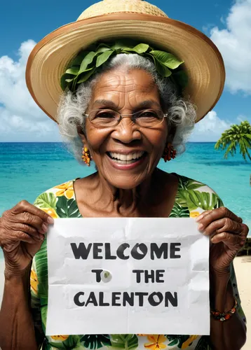 toothless tropical granny holding up a paper that says "WELCOME TO THE CALENTÓN". CLEAR DETAILS, HIGH QUALITY. Hyper realistic,care for the elderly,callaloo,coastlien,the cultivation of,cation,senior 