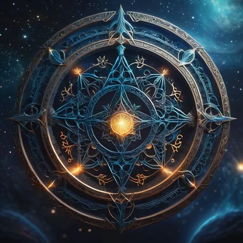 Mysterious elemental sigils, ancient runes, intricate circular patterns, glowing ethereal lines, mystical aura, magical energies, celestial bodies, starry night sky, misty atmosphere, soft focus, shal