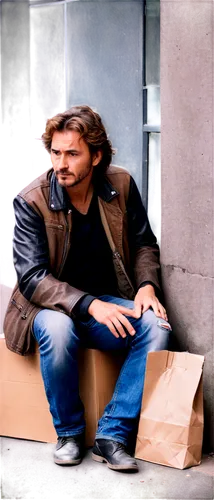 Homeless man, middle-aged, worn-out clothing, ripped jeans, dirty white shirt, black leather jacket, messy brown hair, stubble, sad expression, sitting on sidewalk, holding cardboard box, begging, urb