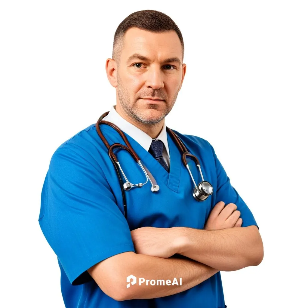 a doctor with his arms crossed posing for a portrait,male nurse,healthcare worker,healthcare professional,paramedical,healthcare medicine,physician