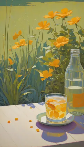 camomile,summer still-life,chamomile,goldenrod tea,flowering tea,camomile tea,oils,flower tea,orange blossom,blooming tea,orange juice,camomile flower,marigold,sea beach-marigold,jasmine tea,tea still life with melon,honey jar,still life of spring,scented tea,glass painting,Conceptual Art,Oil color,Oil Color 16