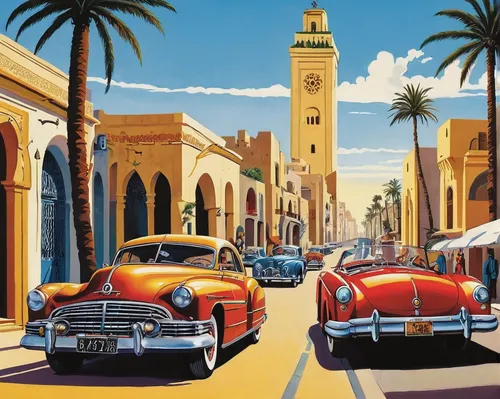 casablanca,american classic cars,classic cars,travel poster,morocco,marrakesh,vintage cars,morris minor,aronde,morris minor 1000,nizwa souq,riad,rabat,marrakech,djerba,city unesco heritage trinidad cuba,viareggio,1000miglia,american sportscar,triumph tr2,Illustration,American Style,American Style 05