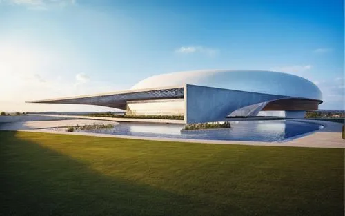 architecture project, peacefull, beautifull place.,a futuristic structure is featured in the background,futuristic art museum,snohetta,futuristic architecture,champalimaud,niemeyer,siza,Photography,Ge