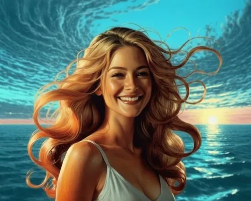 she came to me one morning big smile on her face all she was wearing was her amazing milk skin with long swirl hair in a misty sky ,a woman with wavy hair smiling in front of the ocean,thalia,beyonc,w