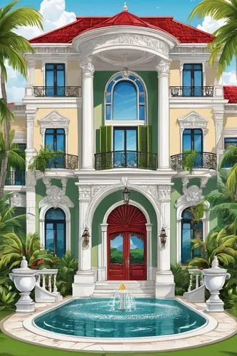 Colonial-style mansion, grand entrance, white marble columns, ornate wooden doors, intricate carvings, large windows, balconies with iron railings, red-tiled roof, lush green gardens, tropical plants,