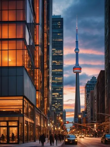 Toronto cityscape, modern architectural design, sleek skyscraper, glass facade, metallic frames, intricate details, downtown area, busy streets, pedestrians walking, cars passing by, streetlights, eve