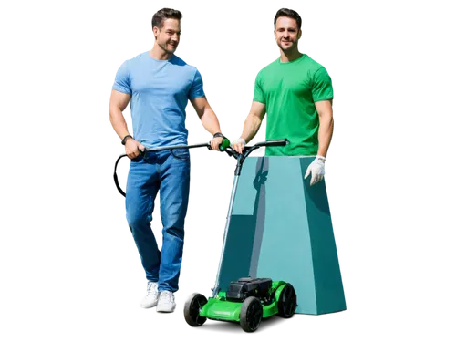 Green lawn, sunny day, male gardener, 30s, muscular arms, casual T-shirt, denim pants, sneakers, holding lawn mower, walking forward, slight smile, sweat on forehead, morning light, shallow depth of f