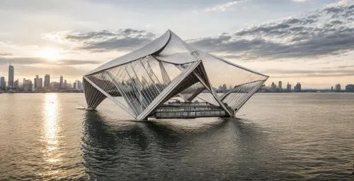 an artistically shaped building floating in the water,cube stilt houses,lusail,dubay,united arab emirates,dubia,utzon,Architecture,General,Futurism,Spanish Deconstructivism