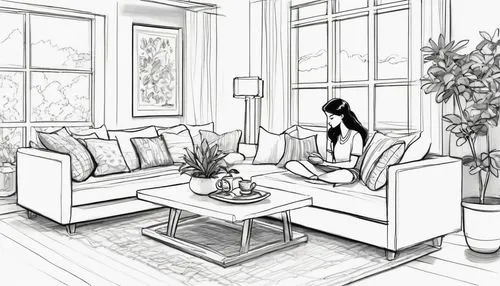 penciling,livingroom,sketchup,mono-line line art,pencilling,living room,Illustration,Black and White,Black and White 08