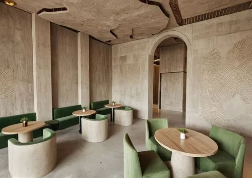 restaurant concept, modern style with Peruvian details, voluminous green ethnic patterns, beige concrete floor, coffee-colored and green chairs, minimalist tables with an simple octagonal pedestal bas