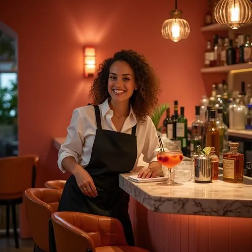 Coral-colored bar, luxurious interior, mature lady bartender, curly brown hair, bright smile, elegant makeup, white shirt, black apron, high heels, serving cocktails, fruit garnishes, ice cubes, whisk