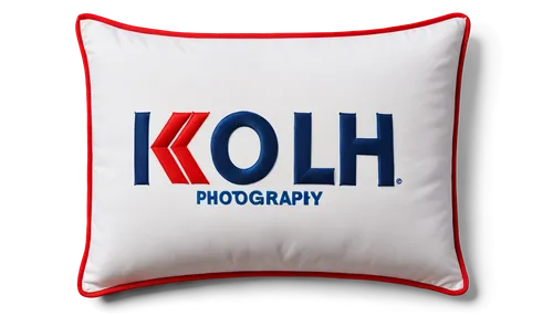 Pillow logo, soft cushion, white background, embroidered letters, bold font, red and blue colors, 3D effect, shiny surface, centered composition, close-up shot, warm lighting, realistic texture, fabri