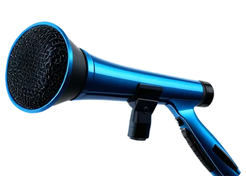 Dynamic microphone, shiny metallic surface, silver body, pop filter, audio waves, loudspeaker, vibrant blue light, flashing lights, futuristic, high-tech, sleek design, low-angle shot, dramatic lighti