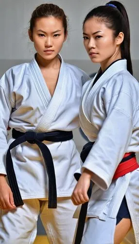 Three gorgeous woman, whitem black Asian while training for Judo,two asian girls wearing black and white karate kimonos,judokas,taekkyeon,kyokushin,shotokan,hankuk,judoka,karateka,dojang,nidan,aikido,