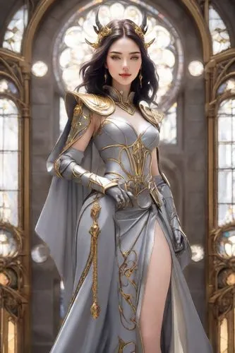 model headshot，Women's Fashion，
American Minimalism,a painting of a woman in a long gown and helmet with horns, and a gold design on it,margairaz,emperatriz,hela,goddess of justice,diaochan,xiaoqing,P