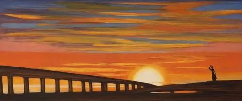 sunset in africa,oil pastels,ribblehead viaduct,orange sky,desert landscape,oil painting,oil on canvas,oil painting on canvas,highway bridge,art painting,viaduct,railroad bridge,desert desert landscap