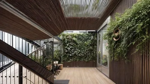 wooden walls and stairs are accented by greenery,garden design sydney,landscape design sydney,wooden decking,landscape designers sydney,roof garden,verandahs,wood deck,timber house,verandah,breezeway,