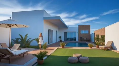 a woman stands on the balcony in a backyard,holiday villa,landscape design sydney,dunes house,artificial grass,modern house,landscape designers sydney