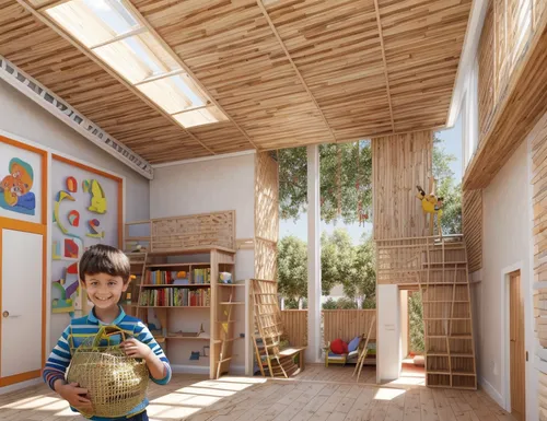 children's interior,children's bedroom,school design,kids room,eco-construction,children's room,kindergarten,daylighting,children's playhouse,nursery,timber house,wooden construction,3d rendering,cubic house,archidaily,nursery decoration,straw roofing,boy's room picture,wooden roof,the little girl's room