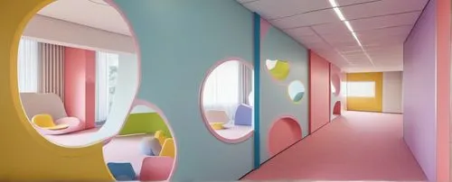 Educational space, wall design, pastel tones, carpet tiles,children's interior,children's room,school design,kids room,color wall,ufo interior,hallway space,children's operation theatre,children's bed