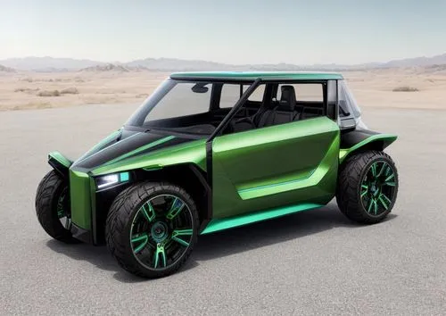 it is a baja car for 2 people, electric motor, metalic green color body, front led lights,electric golf cart,electric sports car,compact sport utility vehicle,golf car vector,electric mobility,baja bu