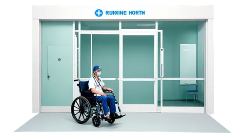 Modern hospital building, glass facade, white walls, steel frame, sliding doors, wheelchair ramp, ambulance entrance, paramedic equipment, medical staff, doctor coat, stethoscope, nurse hat, patient r