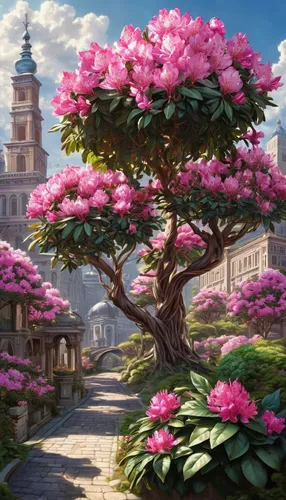 Imagine a futuristic city where artificial Rhododendron Kurume flowers are used to bring nature into the urban landscape. Describe their impact.,sakura tree,japanese sakura background,blossom tree,sak