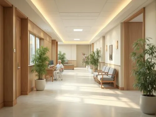 Soothing hospital corridors, natural wood accents, calming color schemes, comfortable seating areas, gentle lighting fixtures, peaceful artwork, minimalist decor, functional nurse stations, private pa