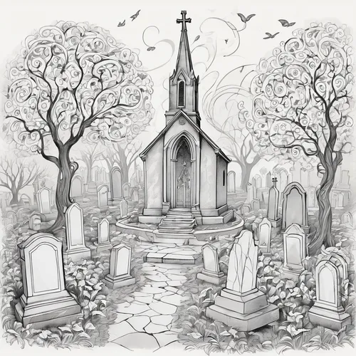 Describe a solemn grave arrangement in a misty churchyard.,grave stones,tombstones,gravestones,old graveyard,graveyard,burial ground,cemetary,cemetery,graves,sepulchre,resting place,all saints' day,gr