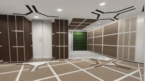 assign gold color to stone around the elevator  and white ceramic in floor and ligh ib liner in top. all the floor should be cover with white ceramic,hallway space,interior modern design,3d rendering,