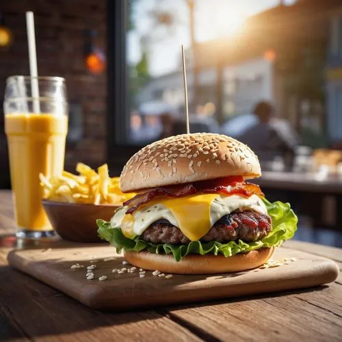 Burger, juicy patty, melted cheese, crispy bacon, fresh lettuce, ripe tomato, creamy mayo, toasted buns, sesame seeds, ketchup and mustard bottles, wooden table, modern cafe, natural lighting, warm at