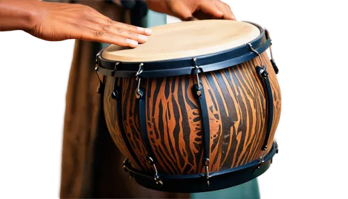 Bongo drums, African-inspired instrument, wooden body, animal skin head, metal hoops, intricate carvings, shiny finish, solo performance, hands moving swiftly, fingers tapping drumhead, dynamic lighti