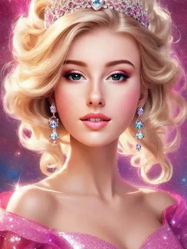 Beautiful blonde lady made to look like a Barbie doll for a party. Cerise dress. Tiara. Blinging jewellery. Sparkles. Artistic. Abstract background. 3D render. Pixar style.,a woman in a dress with a t