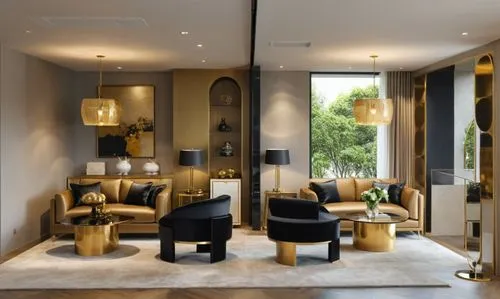 living room filled with gold and black furniture,gold wall,contemporary decor,luxury home interior,mahdavi,interior modern design,minotti,Photography,General,Realistic