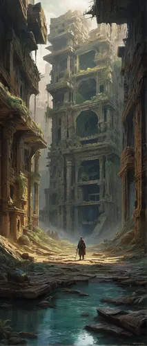 In a post-apocalyptic world, describe the ruins of a once-thriving civilization, where the name Muad Dib is whispered by survivors.,ancient city,ruins,lost place,ruin,ancient buildings,ancient,fantasy