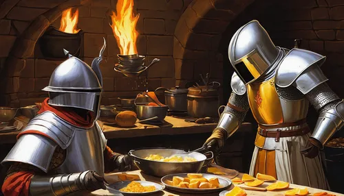 dwarf cookin,knight festival,cheese fondue,chef,cooks,cookery,cooking book cover,chefs,grilled food,knight armor,knight village,men chef,food and cooking,cullen skink,medieval,fine dining restaurant,medieval market,aligot,red cooking,coddle,Conceptual Art,Sci-Fi,Sci-Fi 15