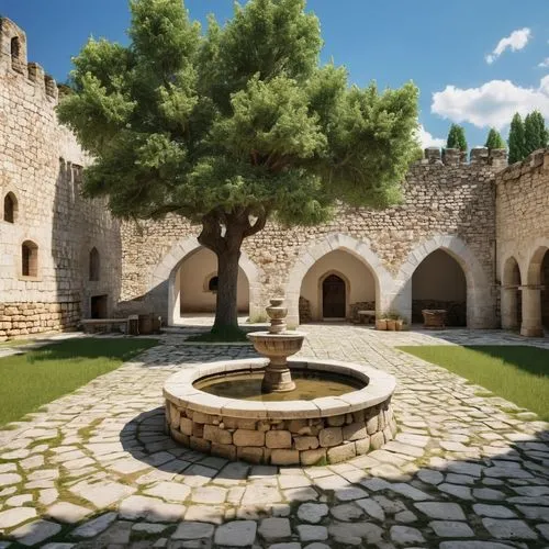 stone oven,courtyard,monastery garden,masseria,stone fountain,inside courtyard,Photography,General,Realistic