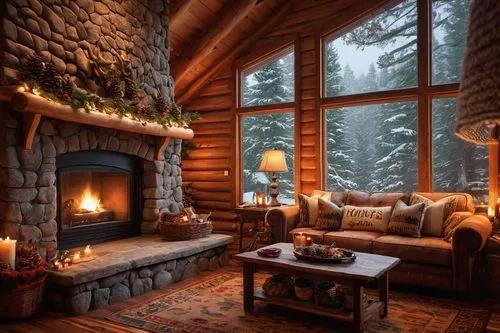 warm and cozy,coziness,christmas fireplace,winter house,coziest,the cabin in the mountains,cozier,winter window,fireplace,fire place,warmth,christmas landscape,log fire,fireplaces,snowed in,log cabin,christmas room,fireside,cabin,christmas scene,Illustration,American Style,American Style 01