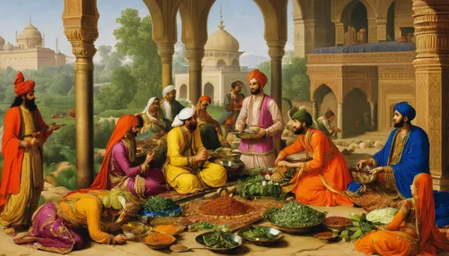 Aromatic spices and succulent meats in Mughlai cuisine.,rajasthani cuisine,punjabi cuisine,vegetable market,orientalism,fruit market,spice market,turban,indian spices,jaisalmer,indian art,caravanserai