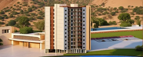 Design a modern apartment complex inspired by Jaipur's rich architectural heritage. Incorporate elements such as intricately carved jharokhas (overhanging enclosed balconies), vibrant colors reminisce