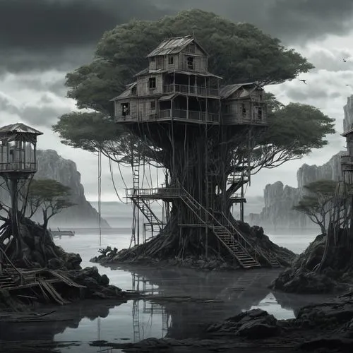 tree house,treehouses,tree house hotel,treehouse,stilt houses,stilt house,house with lake,floating island,cube stilt houses,island suspended,floating islands,witch house,hanging houses,ancient house,witch's house,crooked house,abandoned place,waterhouses,flying island,house by the water,Conceptual Art,Fantasy,Fantasy 33