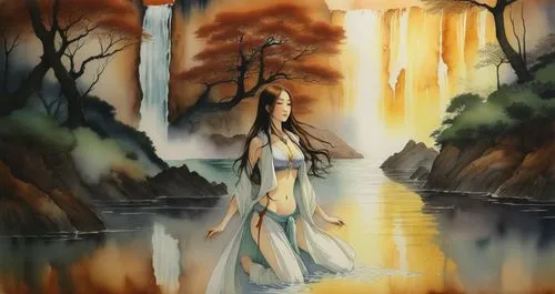 beautiful lady swimming, long hair , white vest in the water, wide view with waterfalls and green forest abanding,painting of a girl in front of a waterfall,guanyin,diaochan,yuexiu,kuanyin,thingol,jia