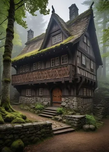 witch's house,house in the forest,wooden house,half-timbered house,ancient house,traditional house,timber framed building,witch house,forest house,nargothrond,bakharz,timbered,crooked house,knight house,scherhaufa,wooden houses,miniature house,crispy house,old house,shire,Art,Classical Oil Painting,Classical Oil Painting 31