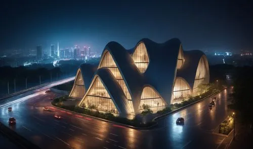 the prize award futuristic form architecture in the city, freeform concrete shell , glass window with light through the windows , site landscape design ,  city view , night time after the rain  , add 