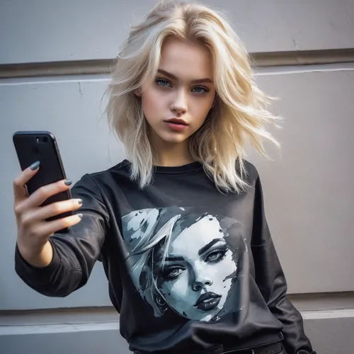 sweatshirt,wallis day,long-sleeved t-shirt,girl in t-shirt,tshirt,long-sleeve,cool blonde,lily-rose melody depp,sweater,short blond hair,blond girl,phone icon,model beauty,blonde girl,tee,elsa,selfie,phone case,on the phone,t-shirt,Conceptual Art,Fantasy,Fantasy 12