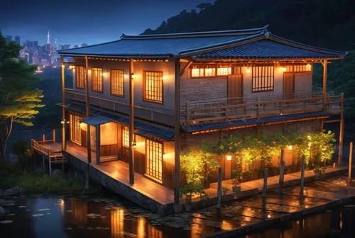 Japanese traditional ramen shop in a natural scenic area
Equipped with night lighting and scenes of crowds of people
There are many natural rivers and people watching the moon and fireworks on the str