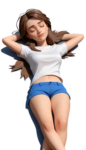 Sleepy girl, lying down, comfortable posture, soft facial expression, closed eyes, gentle eyelids, messy brown hair, casual wear, white t-shirt, blue shorts, bare feet, relaxed hands, morning sunlight