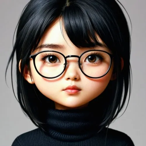 女生，眼镜，黑色毛衣，卡通，chibi,a child with glasses and a turtle neck,cute cartoon character,hiroko,japanese doll,xiaolu,mirai,megane,Illustration,Japanese style,Japanese Style 11